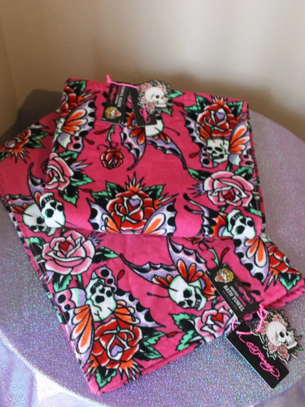 Ed Hardy Pink Tattoo Print Large Bath Towels NWT